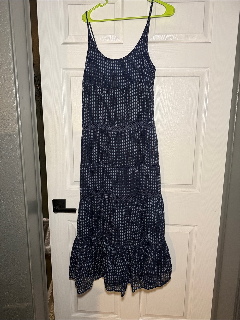 FREE PEOPLE Navy Printed Tiered Spaghetti-Strap Dress